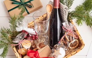 holiday wine and treat gift basket
