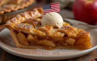 4th of July Apple Pie with vanilla ice scream scoop and American flag toothpick