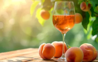 peach wine in a peach orchard during the summer